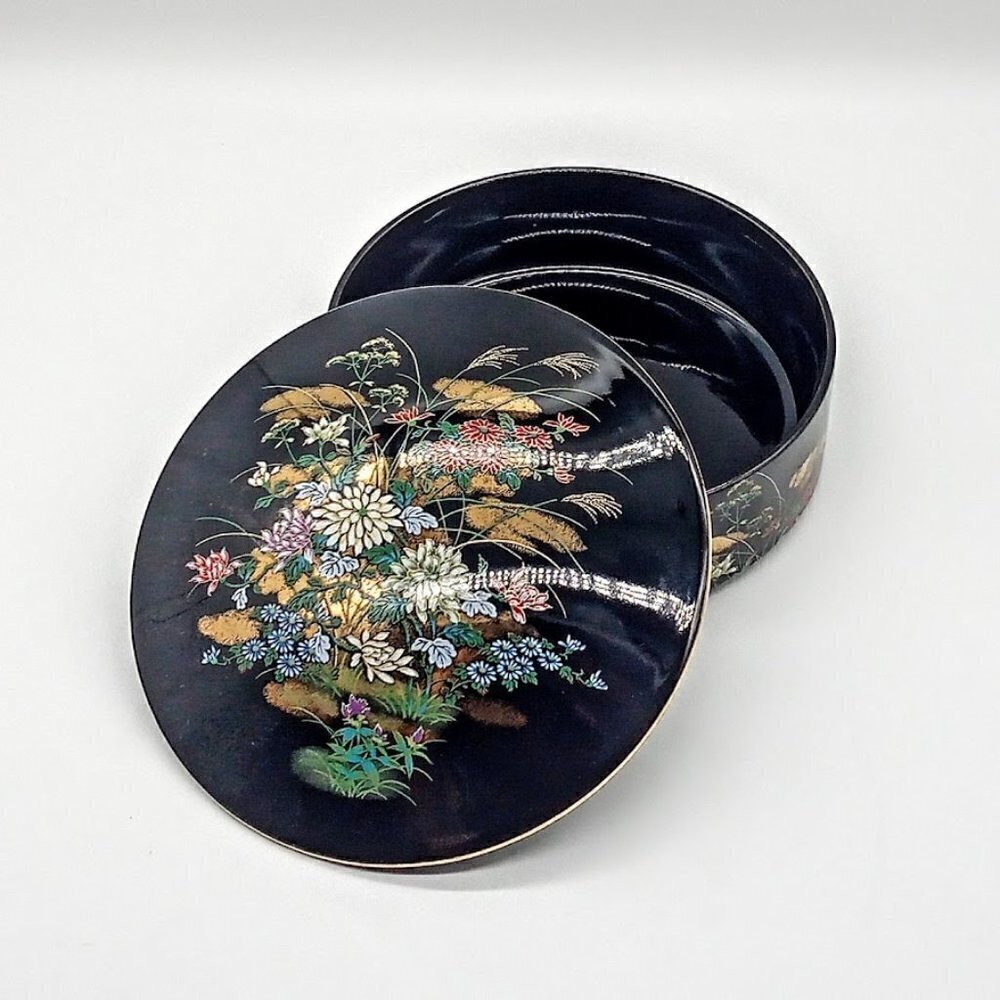 National Silver Co. Nagoya Japan Round Black Floral Ceramic Box